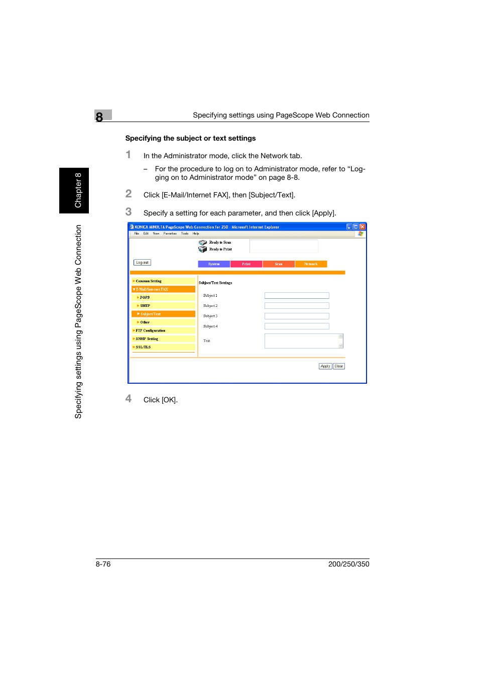 Specifying the subject or text settings, Specifying the subject or text settings -76 | Konica Minolta BP-200 User Manual | Page 355 / 468