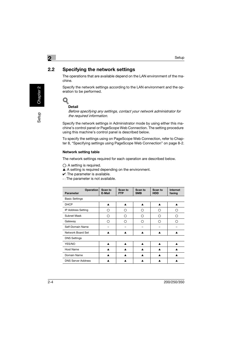 2 specifying the network settings, Network setting table, Specifying the network settings -4 | Network setting table -4 | Konica Minolta BP-200 User Manual | Page 37 / 468