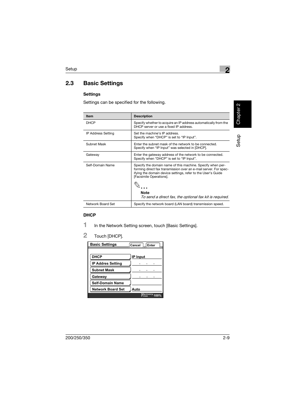 3 basic settings, Settings, Dhcp | Basic settings -9, Settings -9 dhcp -9 | Konica Minolta BP-200 User Manual | Page 42 / 468