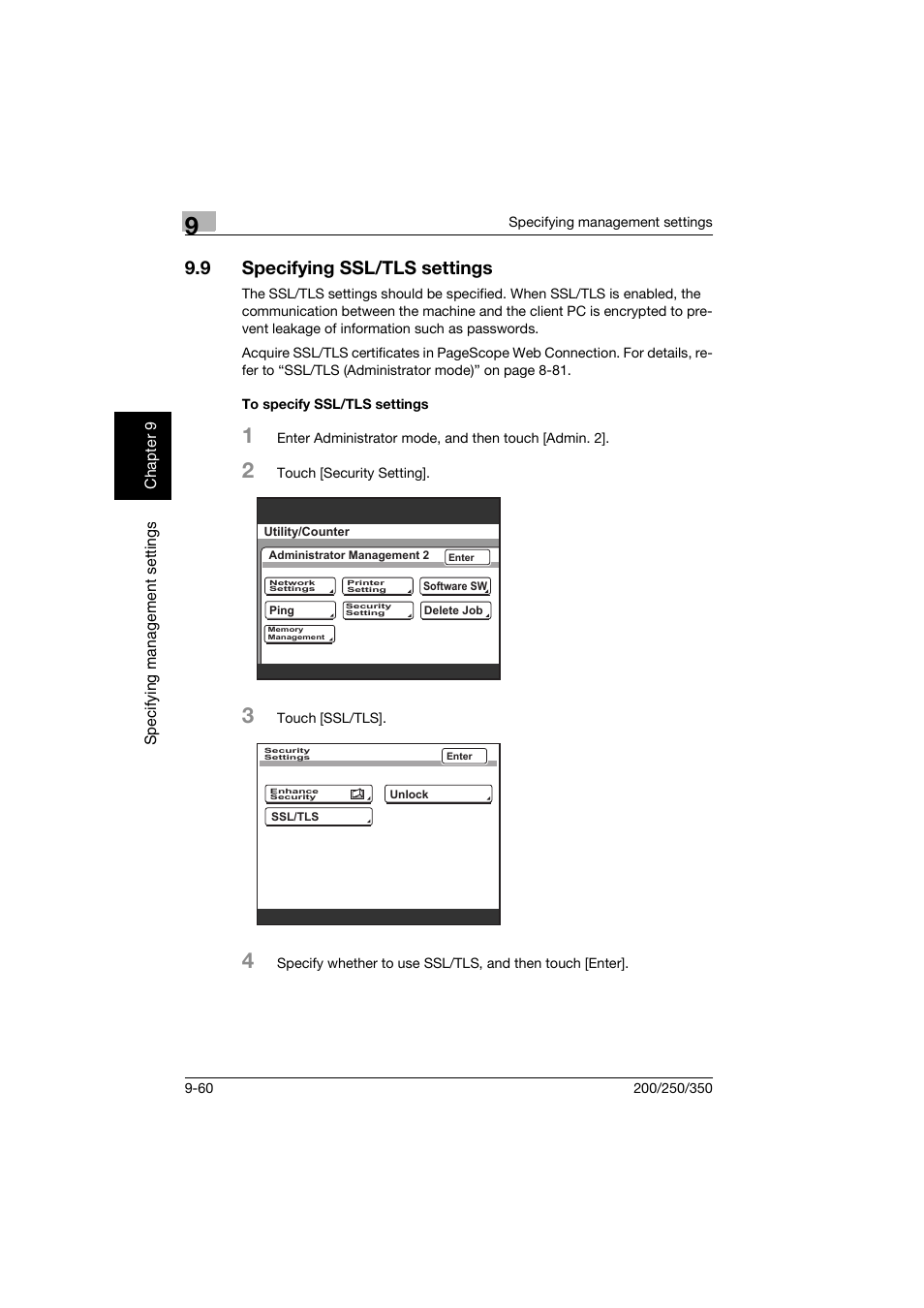 9 specifying ssl/tls settings, To specify ssl/tls settings, Specifying ssl/tls settings -60 | To specify ssl/tls settings -60 | Konica Minolta BP-200 User Manual | Page 429 / 468