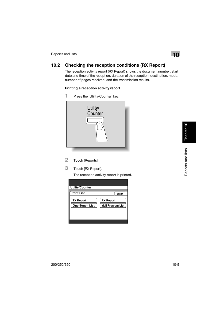 2 checking the reception conditions (rx report), Printing a reception activity report, Checking the reception conditions (rx report) -5 | Printing a reception activity report -5, Utility/ counter | Konica Minolta BP-200 User Manual | Page 436 / 468