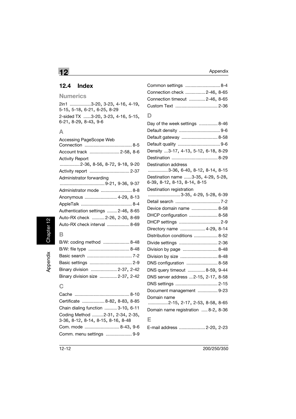 4 index, A to e, Index -12 | Konica Minolta BP-200 User Manual | Page 463 / 468