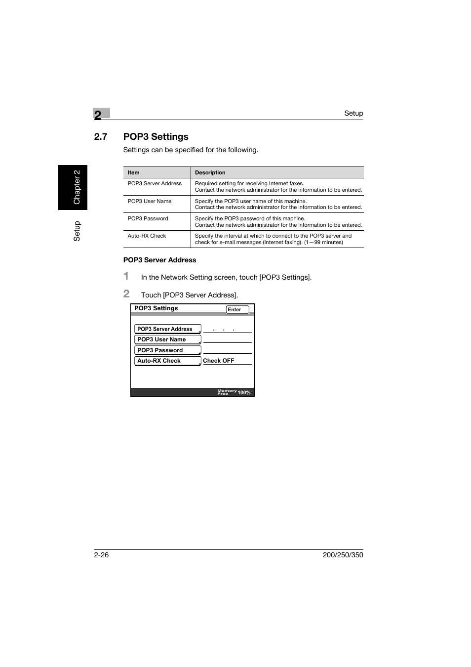 7 pop3 settings, Pop3 server address, Pop3 settings -26 | Pop3 server address -26 | Konica Minolta BP-200 User Manual | Page 59 / 468