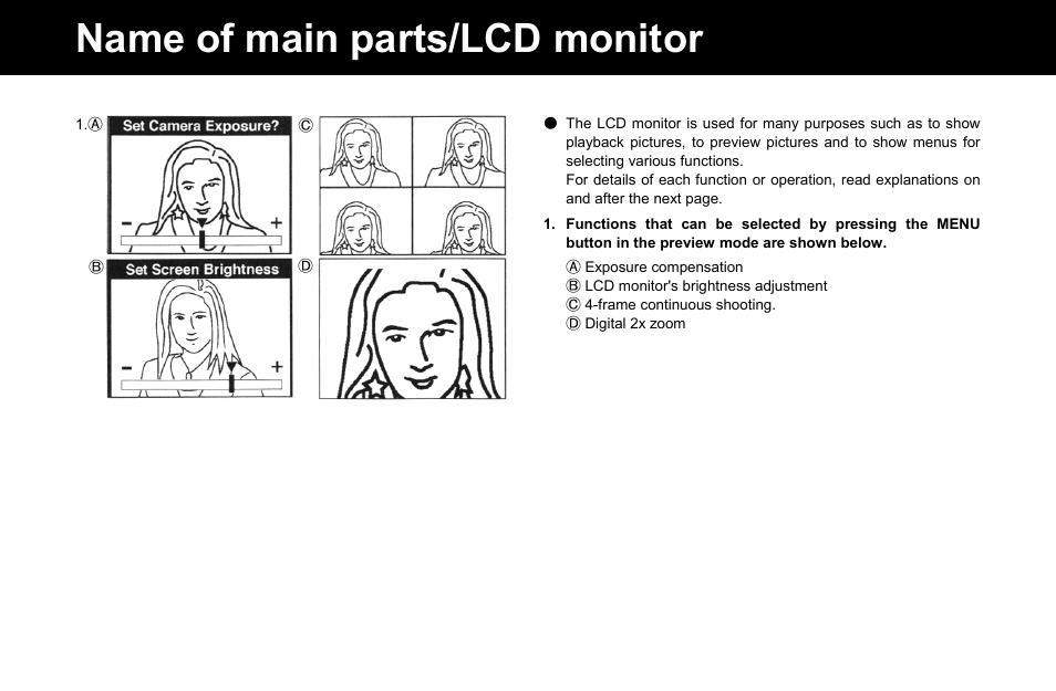 Name of main parts/lcd monitor | Konica Minolta Q-M100 User Manual | Page 6 / 102