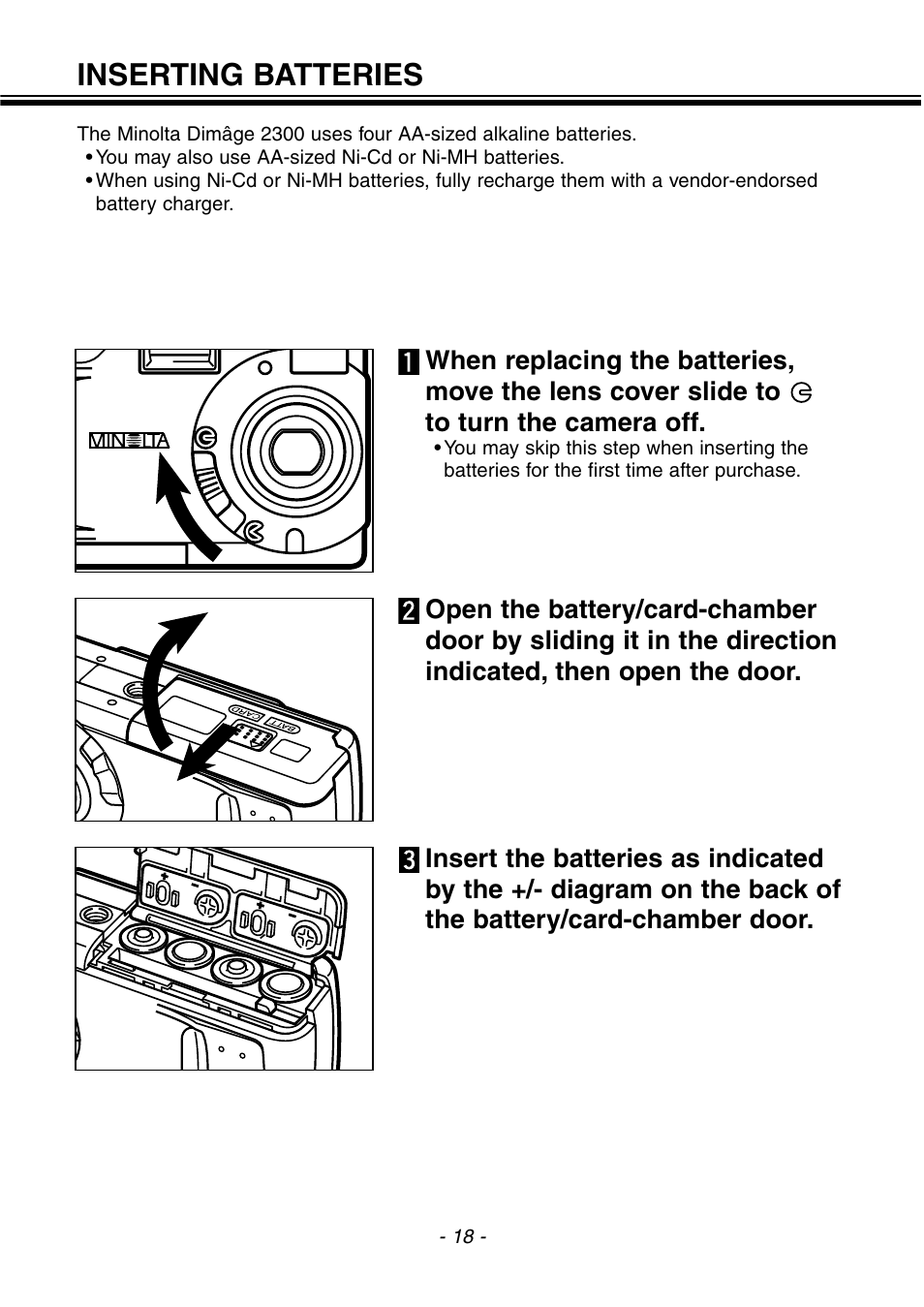 Inserting batteries | Konica Minolta 2300 User Manual | Page 19 / 131