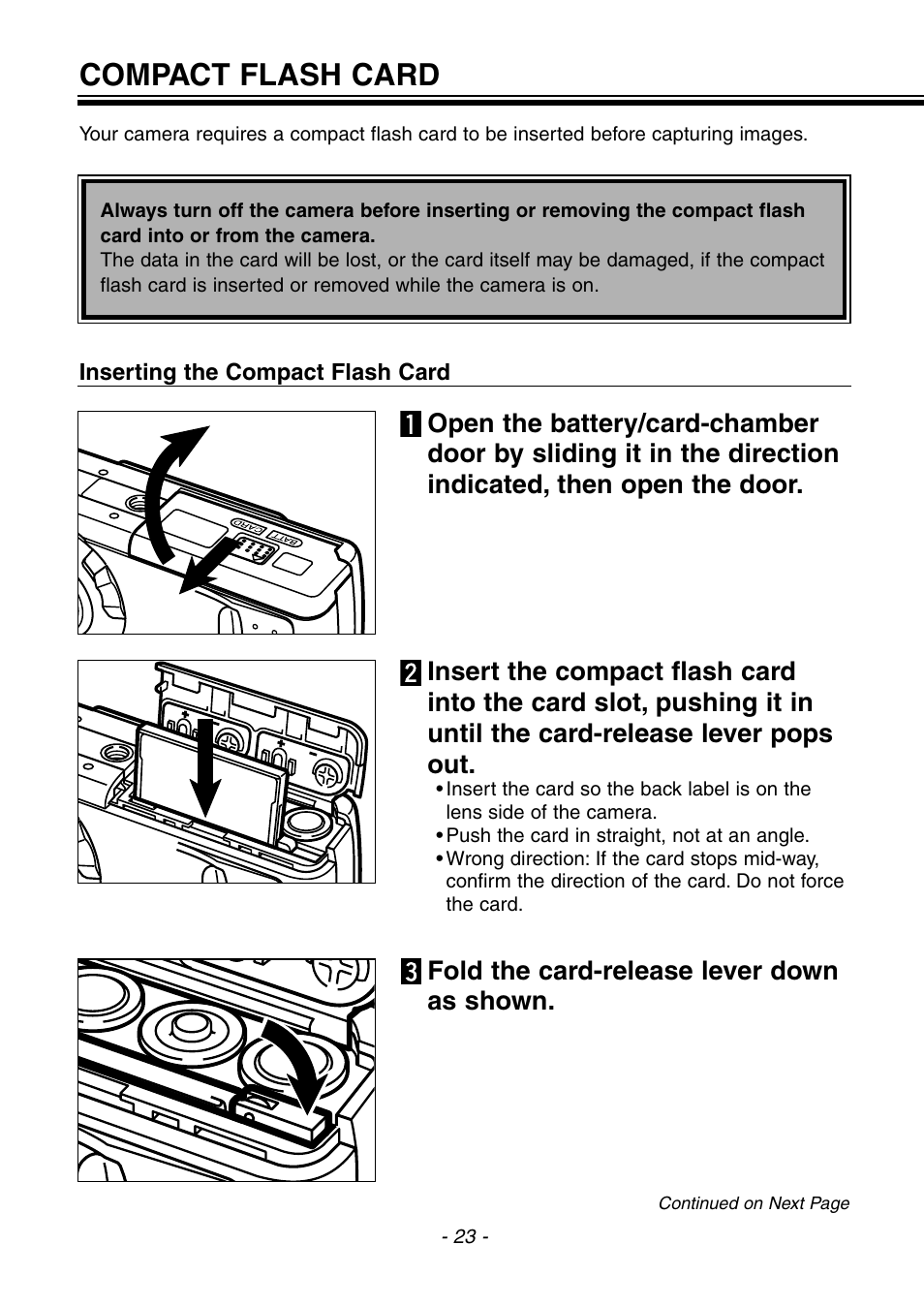 Compact flash card, Fold the card-release lever down as shown | Konica Minolta 2300 User Manual | Page 24 / 131