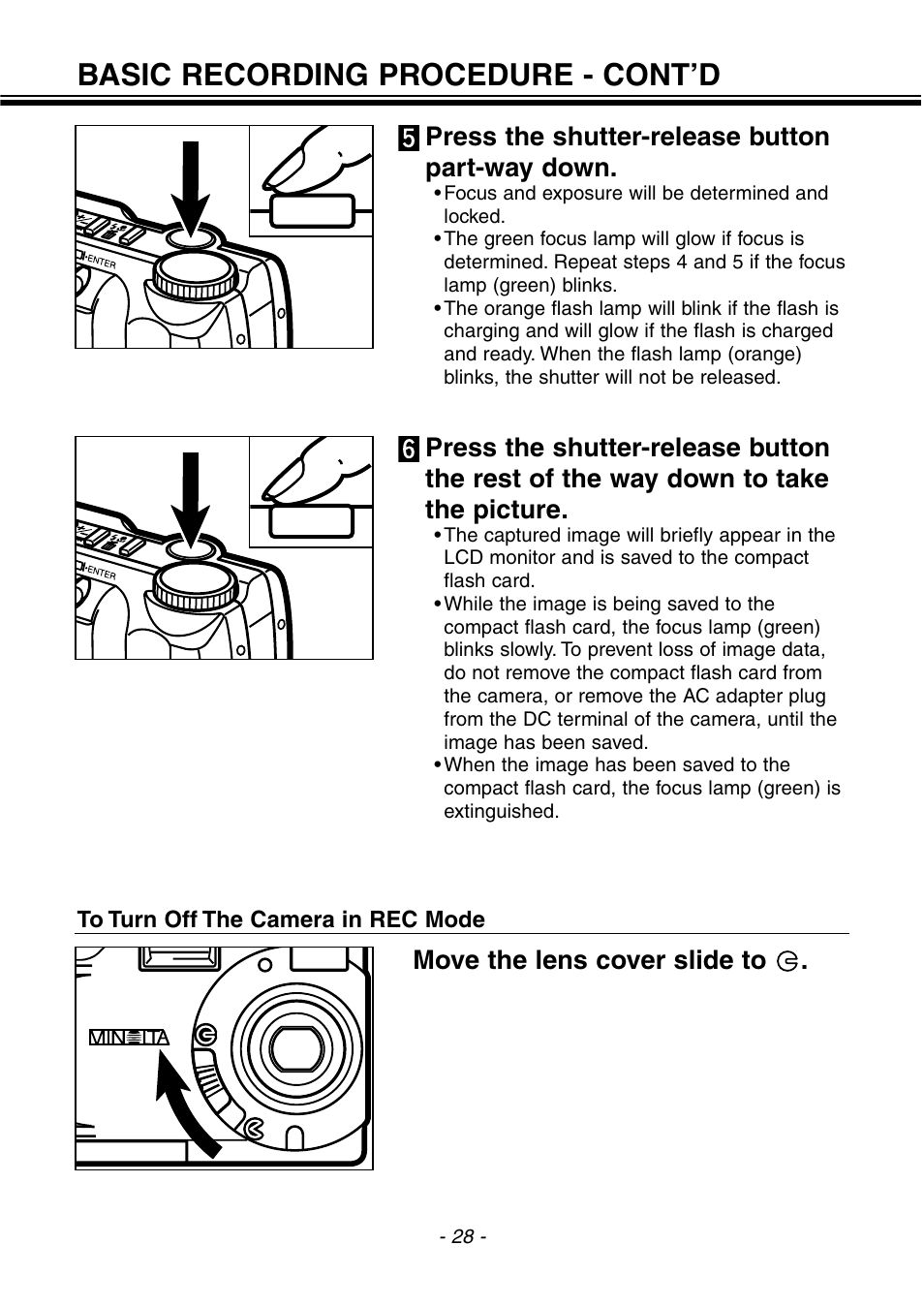 Basic recording procedure - cont’d, Press the shutter-release button part-way down, Move the lens cover slide to | Konica Minolta 2300 User Manual | Page 29 / 131