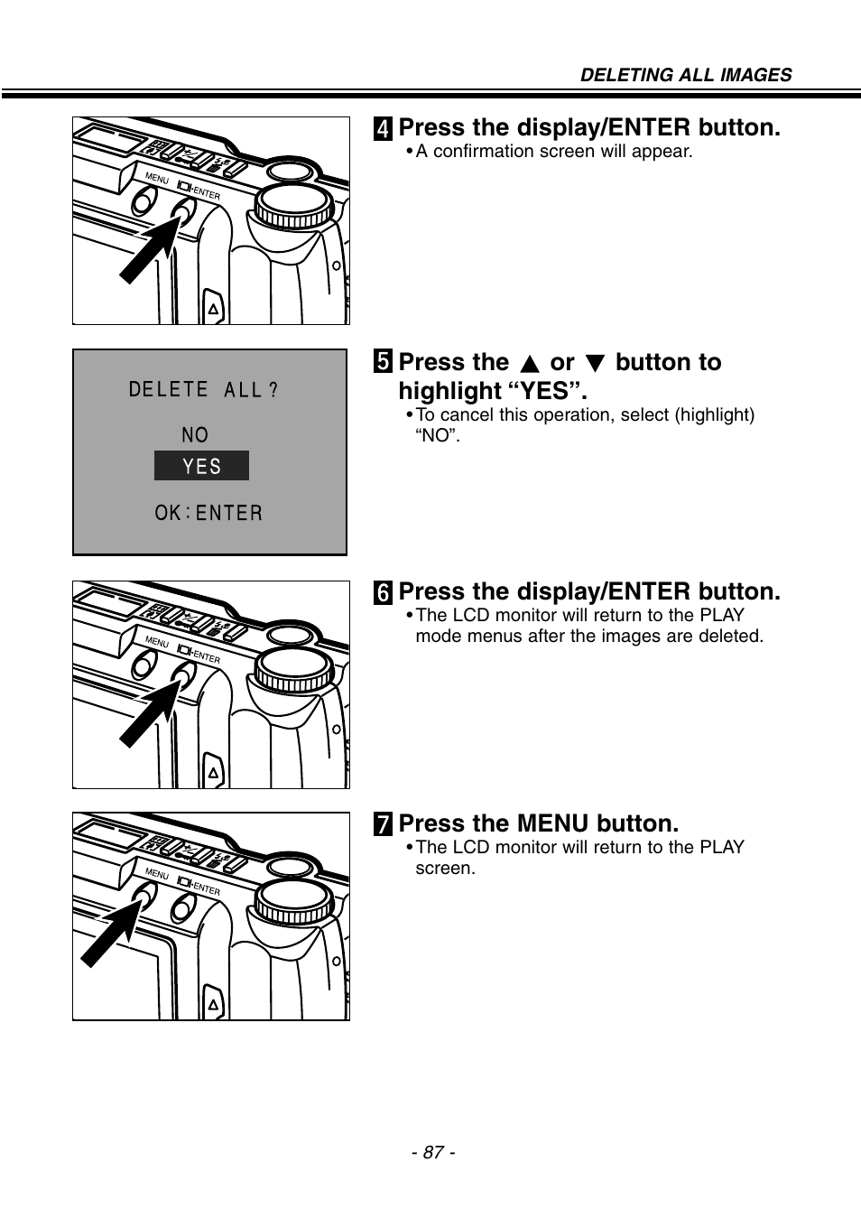 Press the display/enter button, Press the or button to highlight “yes, Press the menu button | Konica Minolta 2300 User Manual | Page 88 / 131