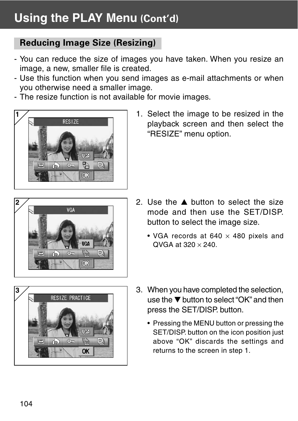 Reducing image size (resizing), Using the play menu, Cont’d) | Konica Minolta REVIO KD-420Z User Manual | Page 104 / 141