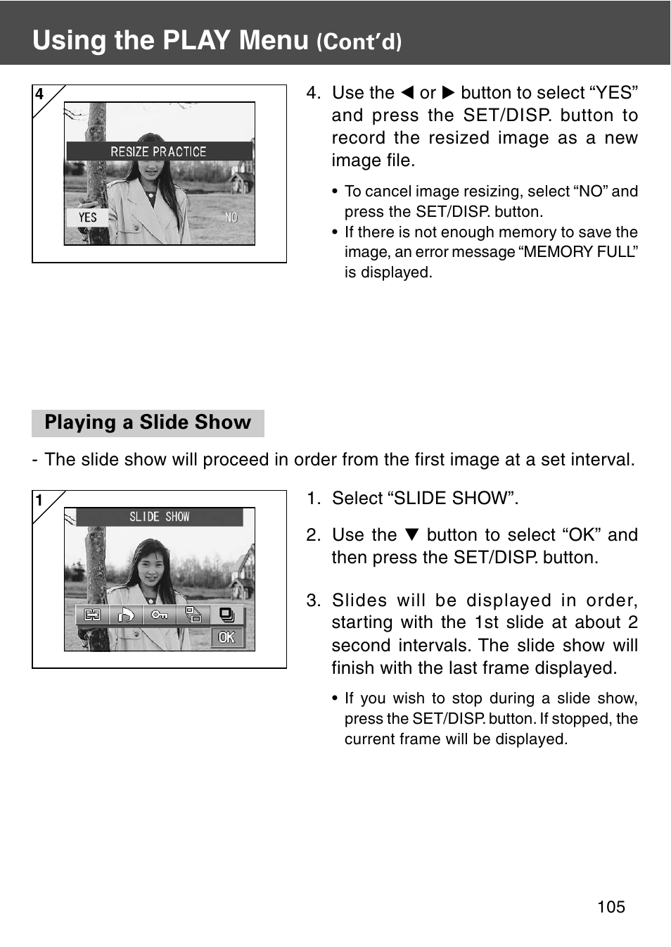 Playing a slide show, Using the play menu, Cont’d) | Konica Minolta REVIO KD-420Z User Manual | Page 105 / 141