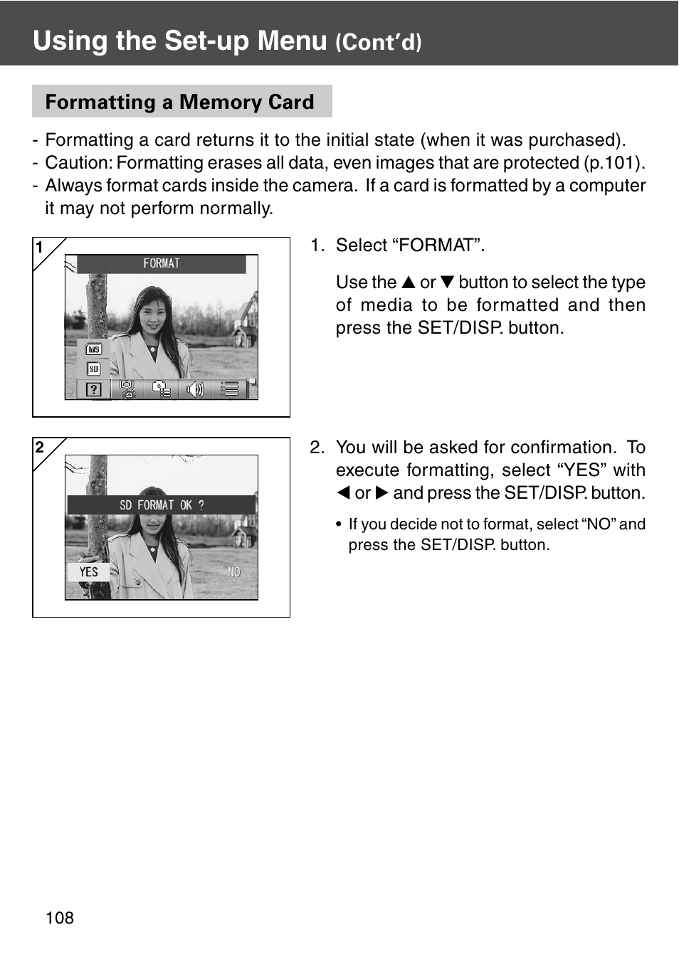 Formatting a memory card, Using the set-up menu, Cont’d) | Konica Minolta REVIO KD-420Z User Manual | Page 108 / 141