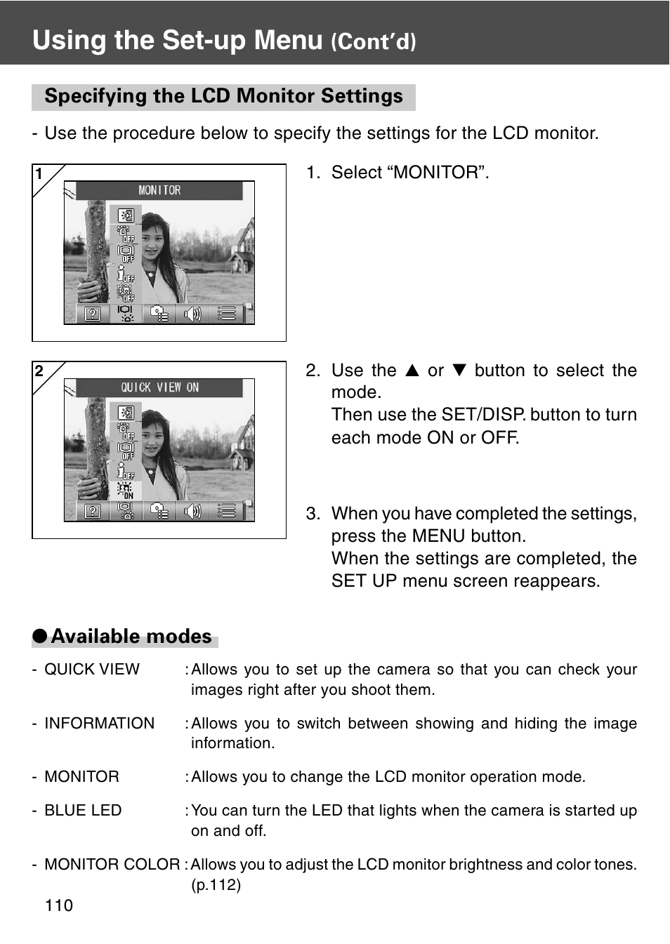 Specifying the lcd monitor settings, Using the set-up menu, Cont’d) | Available modes | Konica Minolta REVIO KD-420Z User Manual | Page 110 / 141