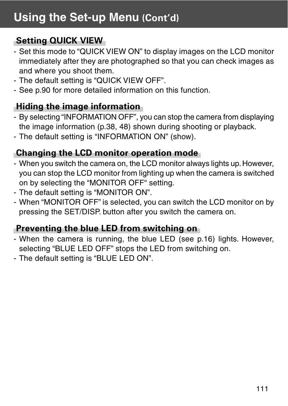 Setting quick view, Hiding the image information, Changing the lcd monitor operation mode | Preventing the blue led from switching on, Using the set-up menu, Cont’d) | Konica Minolta REVIO KD-420Z User Manual | Page 111 / 141