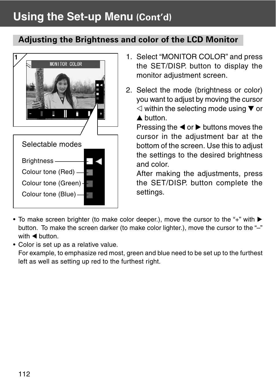 Using the set-up menu, Cont’d), Selectable modes | Konica Minolta REVIO KD-420Z User Manual | Page 112 / 141