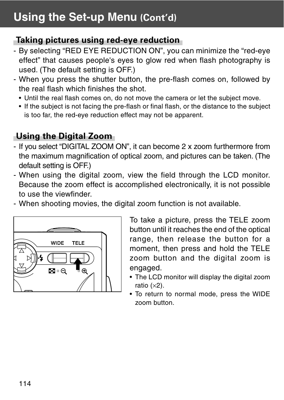 Taking pictures using red-eye reduction, Using the digital zoom, Using the set-up menu | Cont’d) | Konica Minolta REVIO KD-420Z User Manual | Page 114 / 141