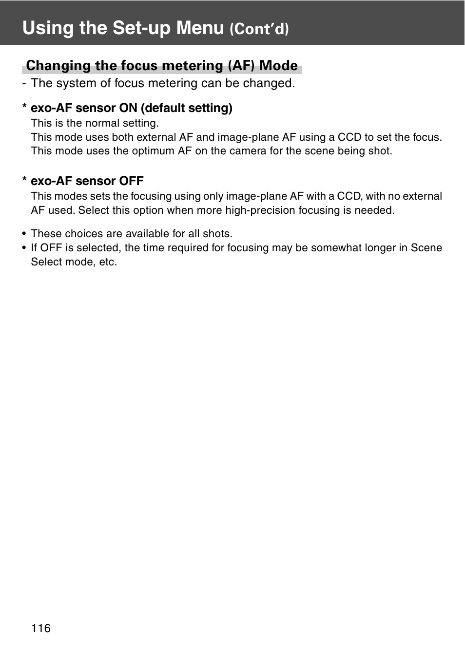Changing the focus metering (af) mode, Using the set-up menu, Cont’d) | Konica Minolta REVIO KD-420Z User Manual | Page 116 / 141