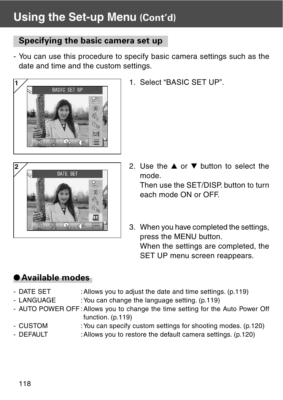 Specifying the basic camera set up, Using the set-up menu, Cont’d) | Available modes | Konica Minolta REVIO KD-420Z User Manual | Page 118 / 141