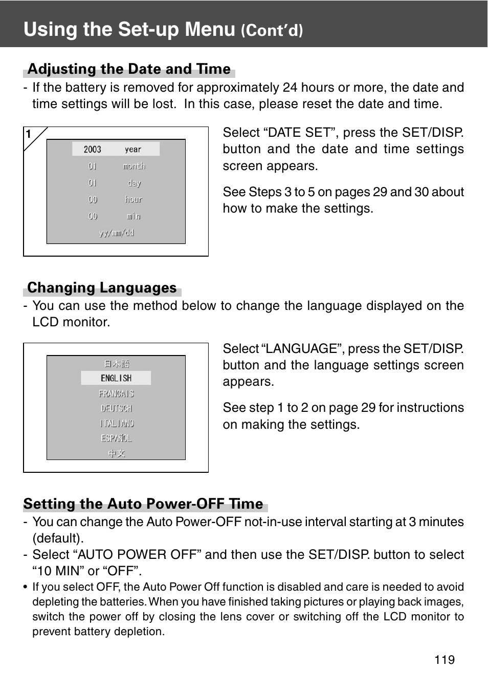 Adjusting the date and time, Changing languages, Setting the auto power-off time | Using the set-up menu, Cont’d) | Konica Minolta REVIO KD-420Z User Manual | Page 119 / 141