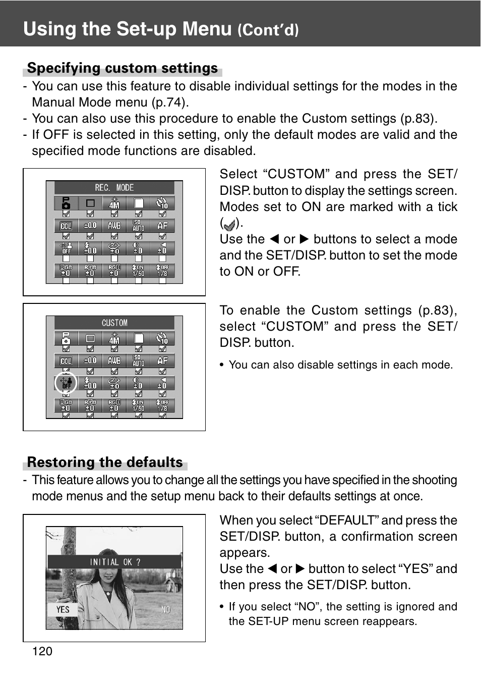 Specifying custom settings, Restoring the defaults, Specifying custom settings restoring the defaults | Using the set-up menu, Cont’d) | Konica Minolta REVIO KD-420Z User Manual | Page 120 / 141