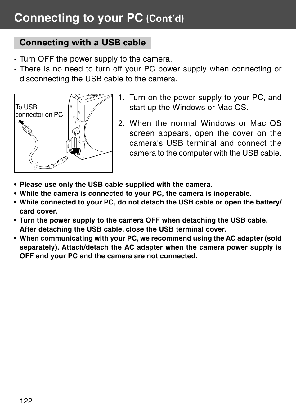 Connecting with a usb cable, Connecting to your pc, Cont’d) | Konica Minolta REVIO KD-420Z User Manual | Page 122 / 141