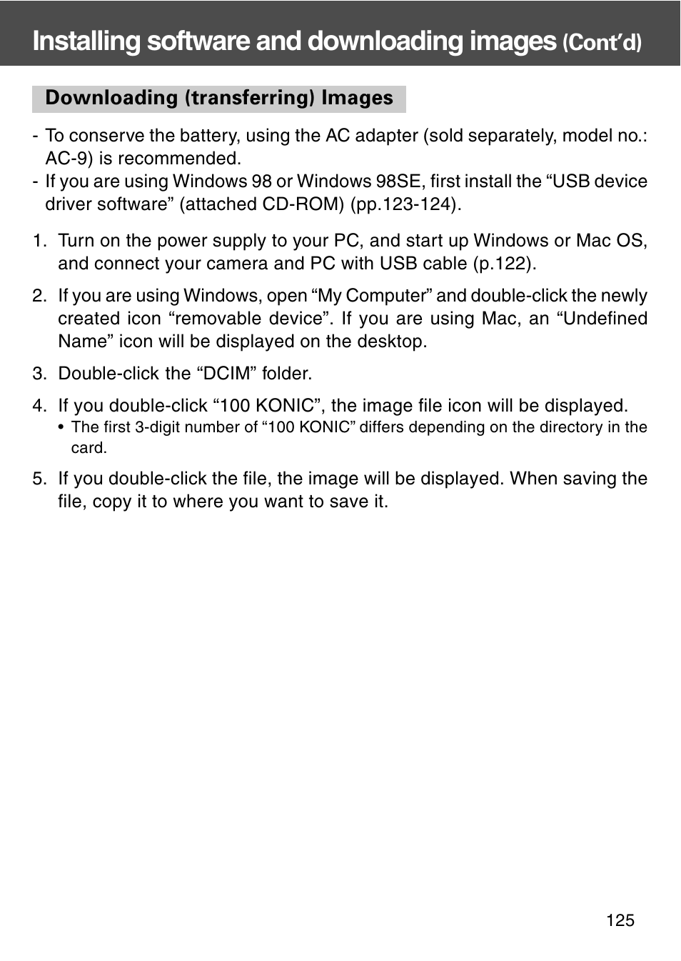 Downloading (transferring) images, Installing software and downloading images, Cont’d) | Konica Minolta REVIO KD-420Z User Manual | Page 125 / 141