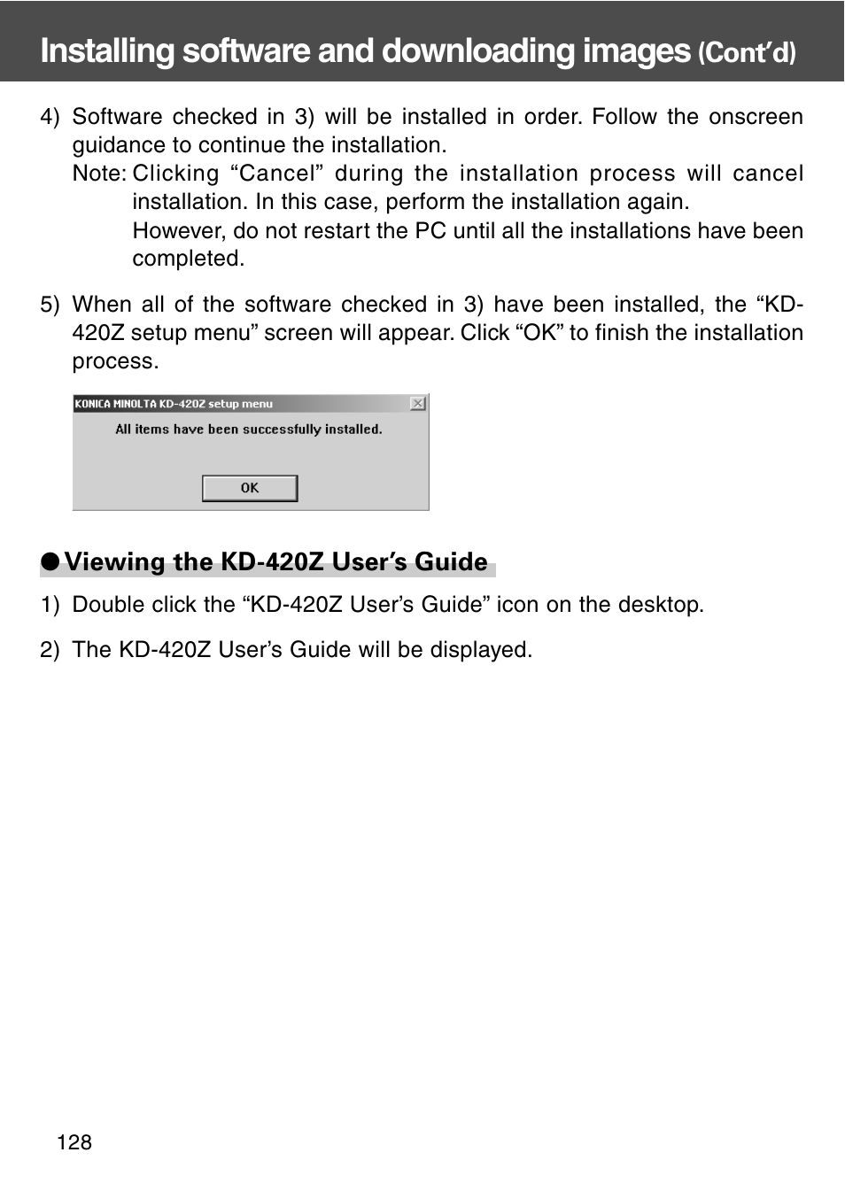 Installing software and downloading images, Cont’d) | Konica Minolta REVIO KD-420Z User Manual | Page 128 / 141