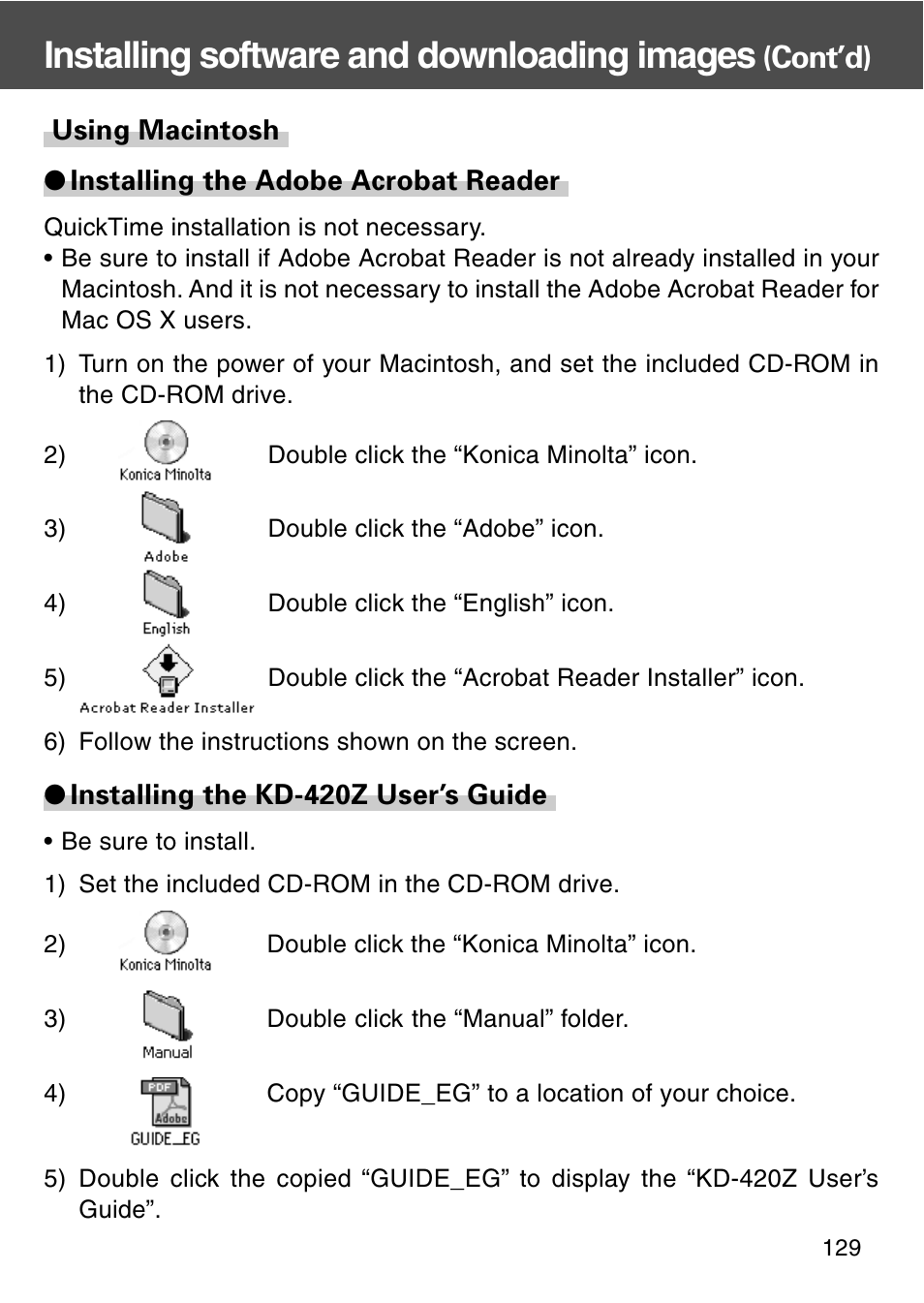 Using macintosh, Installing software and downloading images, Cont’d) | Konica Minolta REVIO KD-420Z User Manual | Page 129 / 141