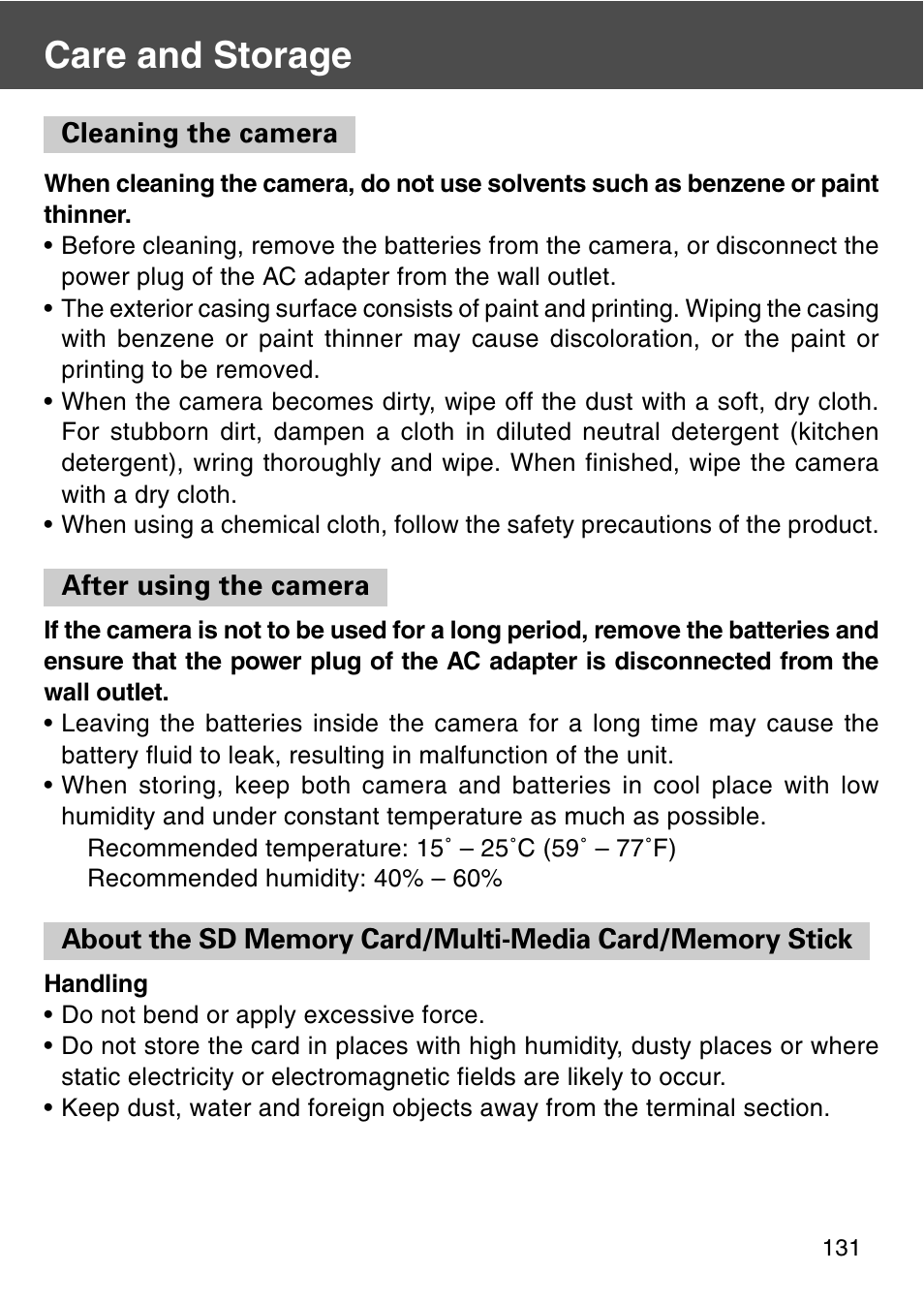 Care and storage | Konica Minolta REVIO KD-420Z User Manual | Page 131 / 141