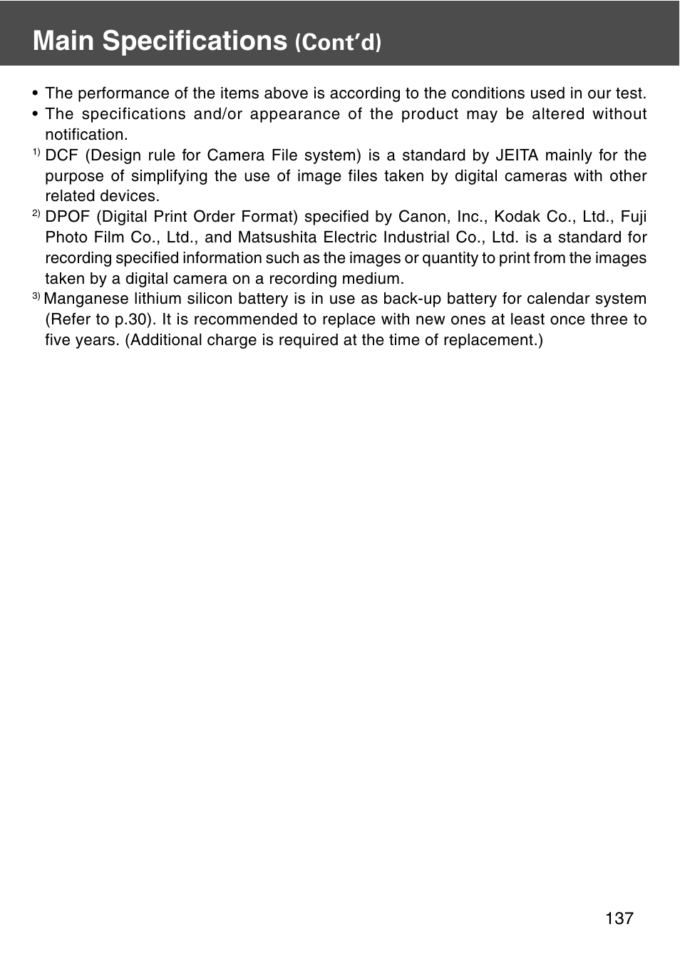 Main specifications, Cont’d) | Konica Minolta REVIO KD-420Z User Manual | Page 137 / 141