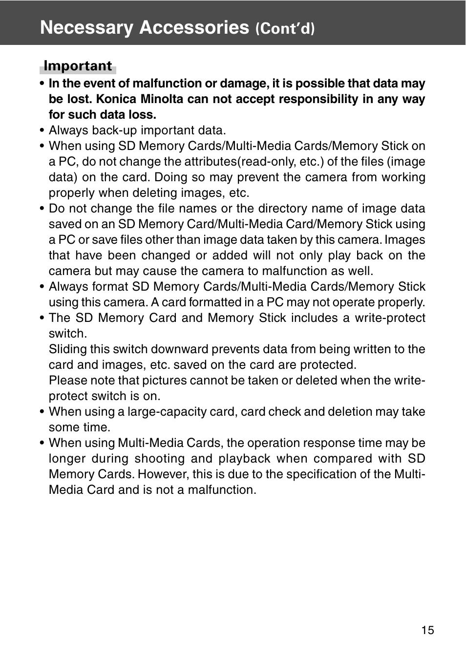 Necessary accessories, Cont’d) | Konica Minolta REVIO KD-420Z User Manual | Page 15 / 141