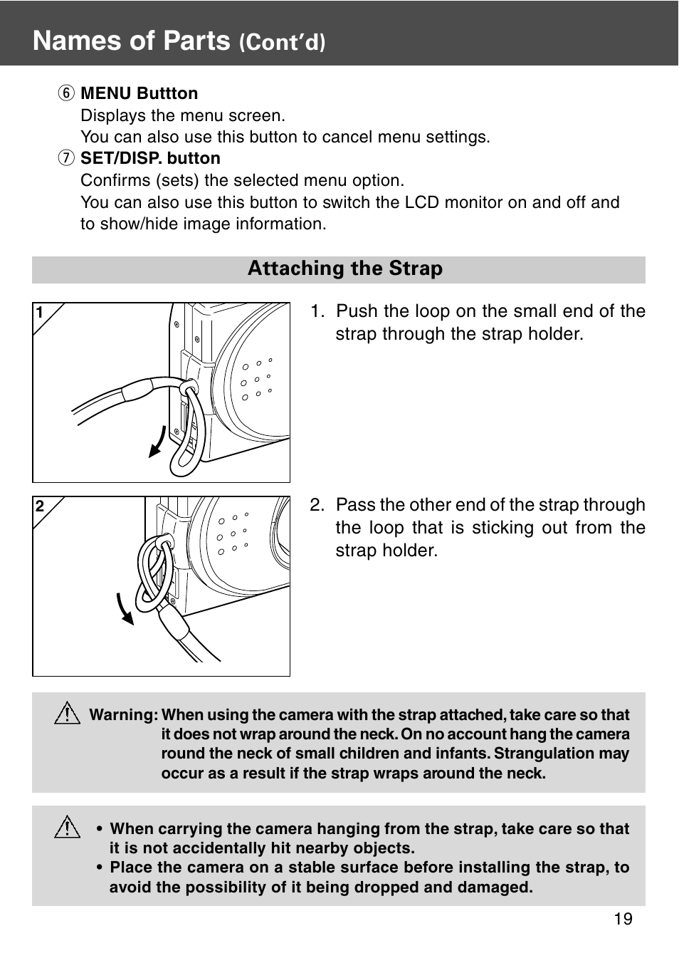 Attaching the strap, Names of parts, Cont’d) | Konica Minolta REVIO KD-420Z User Manual | Page 19 / 141