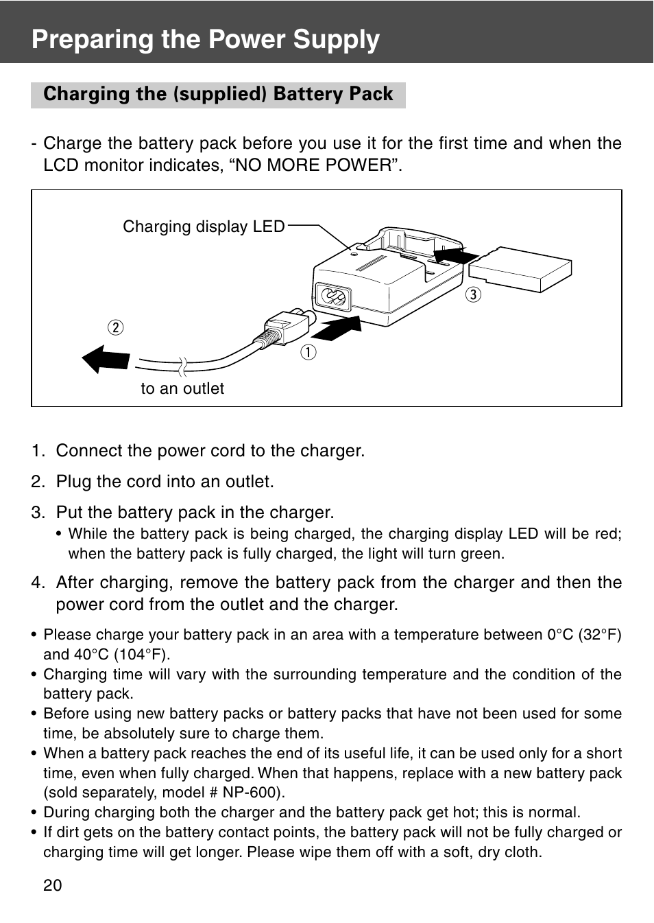 Preparing the power supply, Charging the (supplied) battery pack | Konica Minolta REVIO KD-420Z User Manual | Page 20 / 141