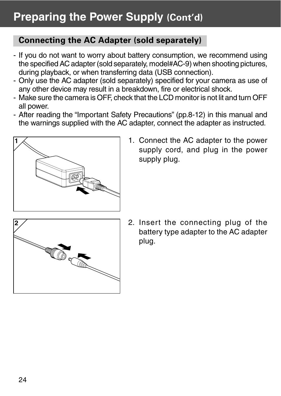Connecting the ac adapter (sold separately), Preparing the power supply, Cont’d) | Konica Minolta REVIO KD-420Z User Manual | Page 24 / 141