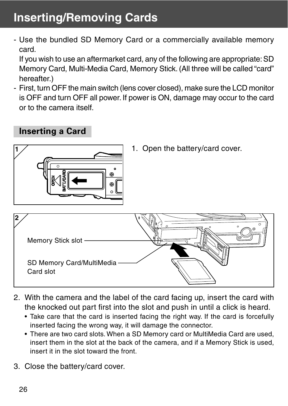 Inserting/removing cards, Inserting a card | Konica Minolta REVIO KD-420Z User Manual | Page 26 / 141