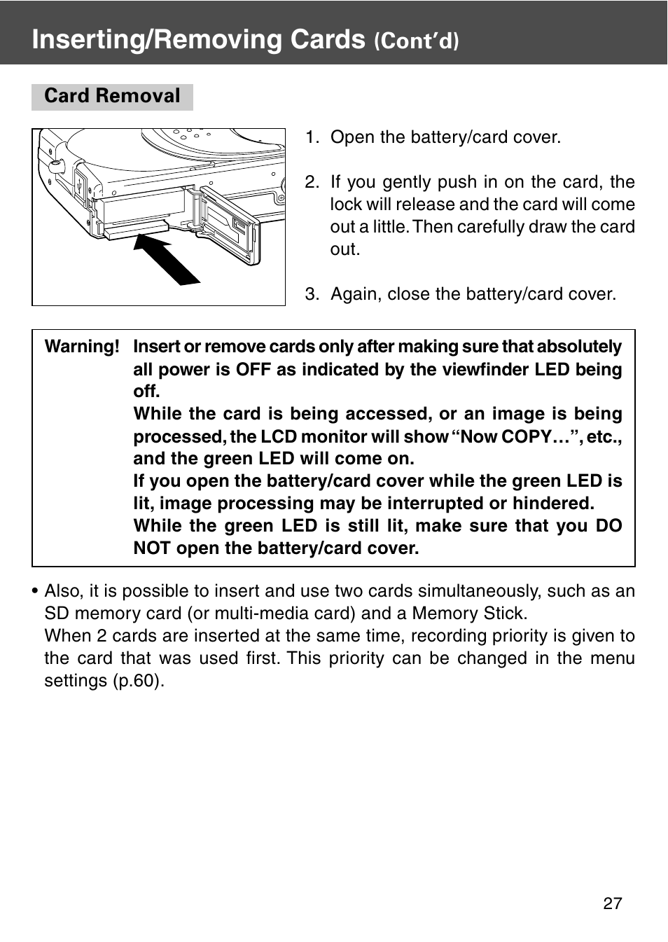 Inserting/removing cards, Cont’d) | Konica Minolta REVIO KD-420Z User Manual | Page 27 / 141