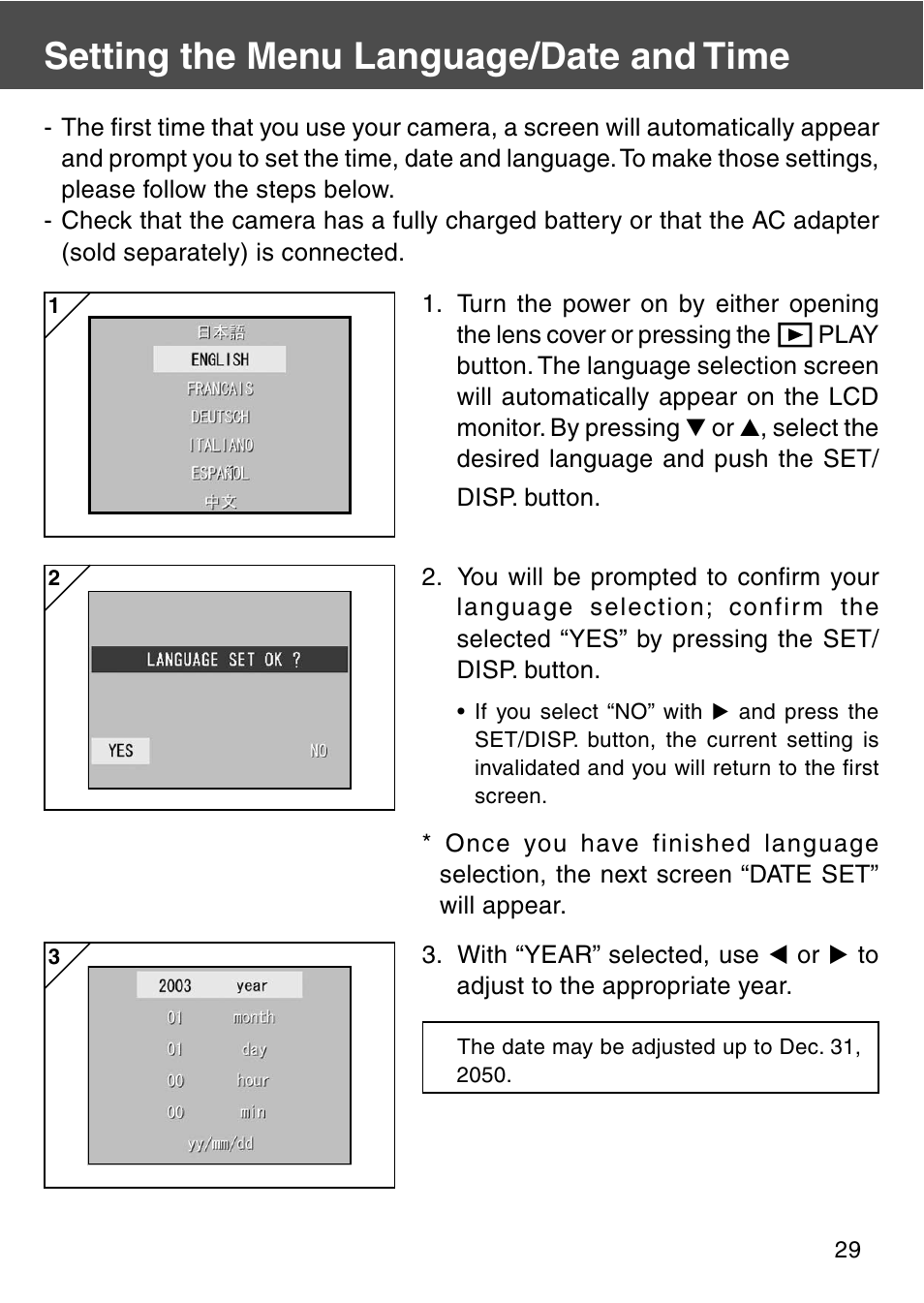 Setting the menu language/date and time | Konica Minolta REVIO KD-420Z User Manual | Page 29 / 141