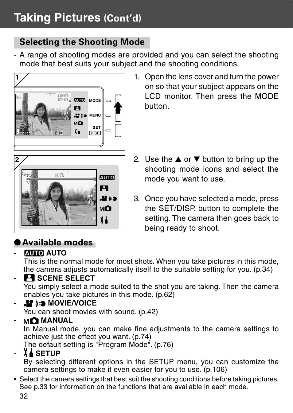 Selecting the shooting mode, Taking pictures, Cont’d) | Available modes | Konica Minolta REVIO KD-420Z User Manual | Page 32 / 141
