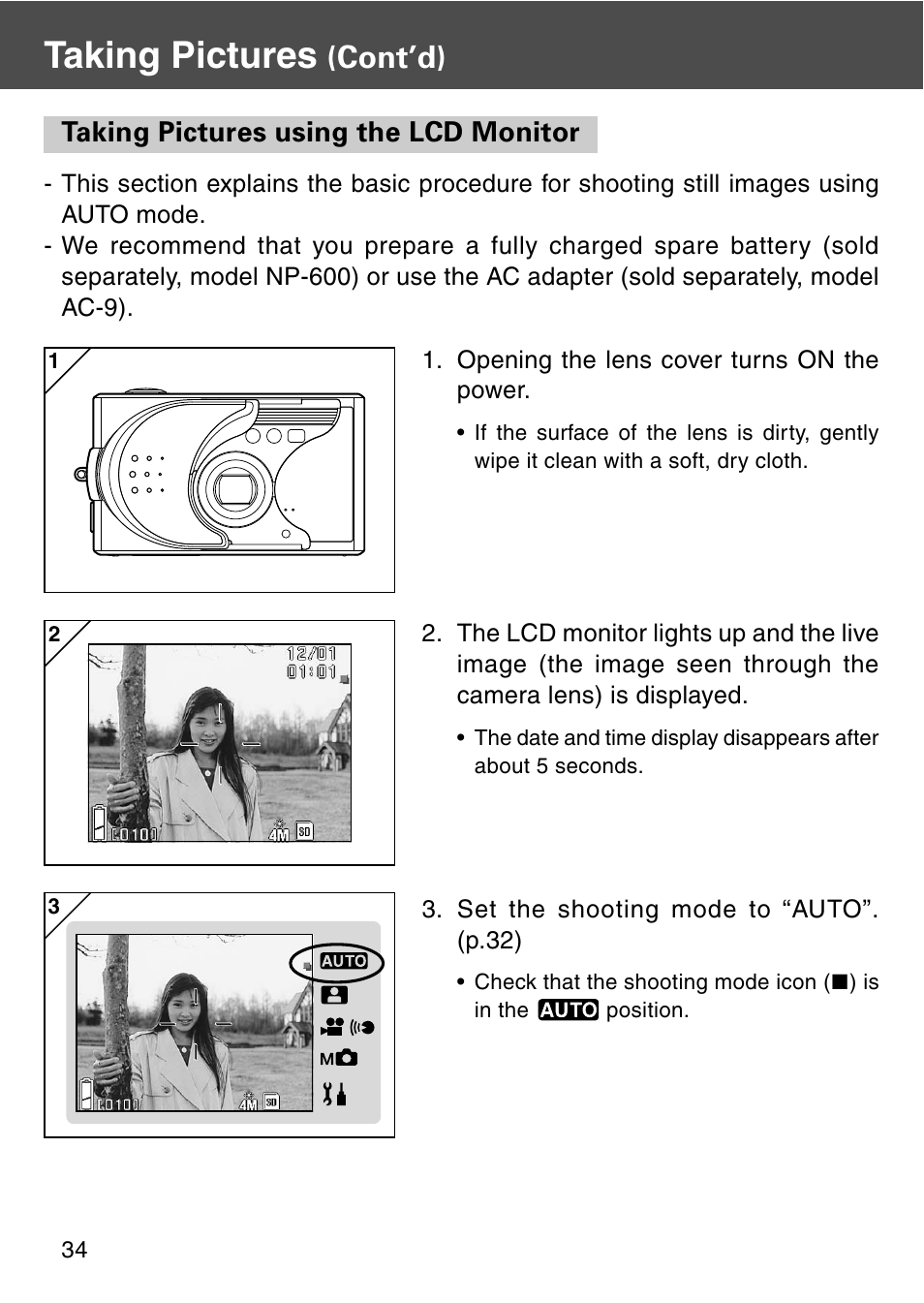 Taking pictures using the lcd monitor, Taking pictures, Cont’d) | Konica Minolta REVIO KD-420Z User Manual | Page 34 / 141