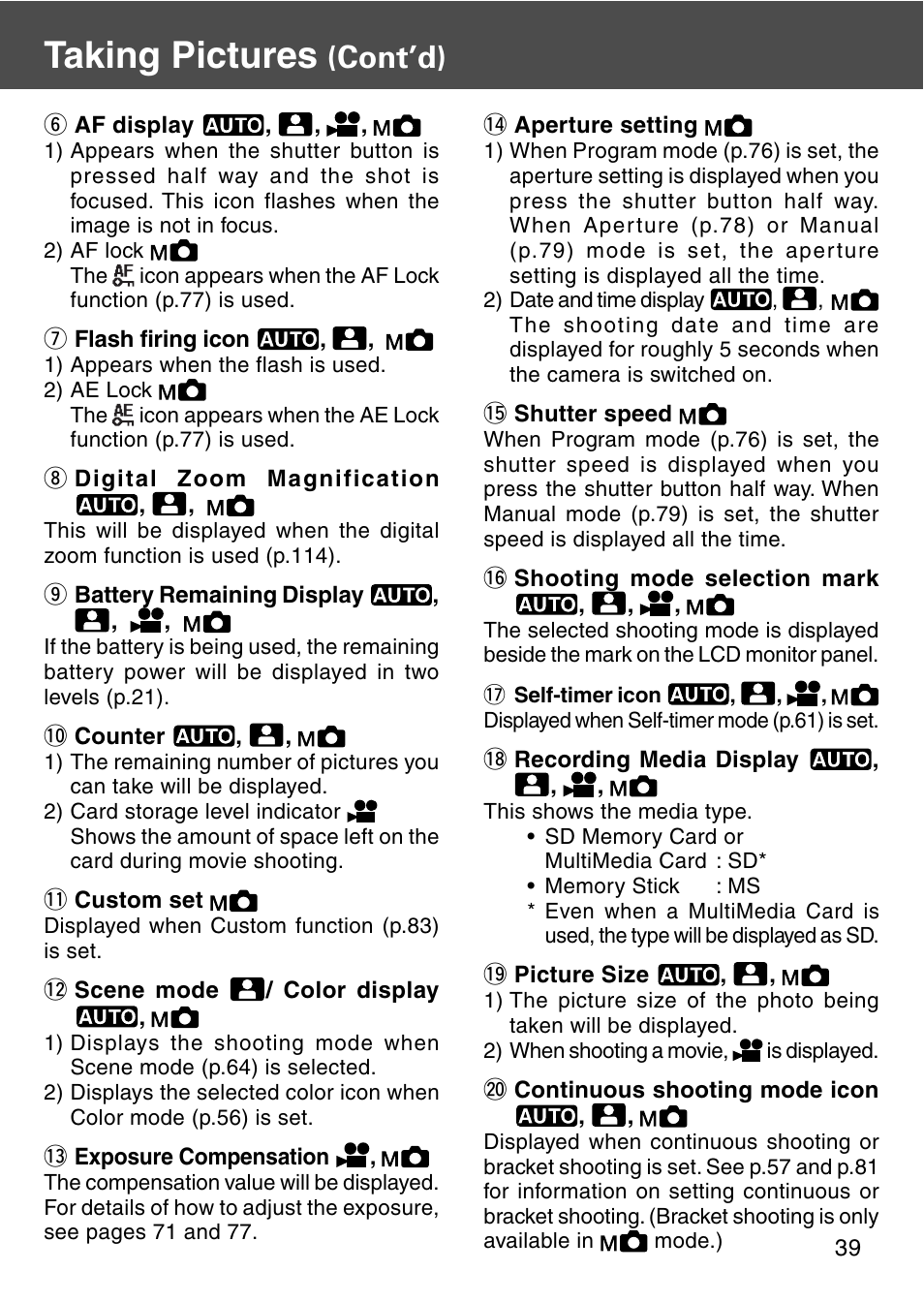 Taking pictures, Cont’d) | Konica Minolta REVIO KD-420Z User Manual | Page 39 / 141