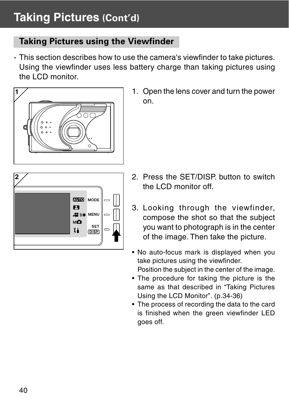Taking pictures using the viewfinder, Taking pictures, Cont’d) | Konica Minolta REVIO KD-420Z User Manual | Page 40 / 141