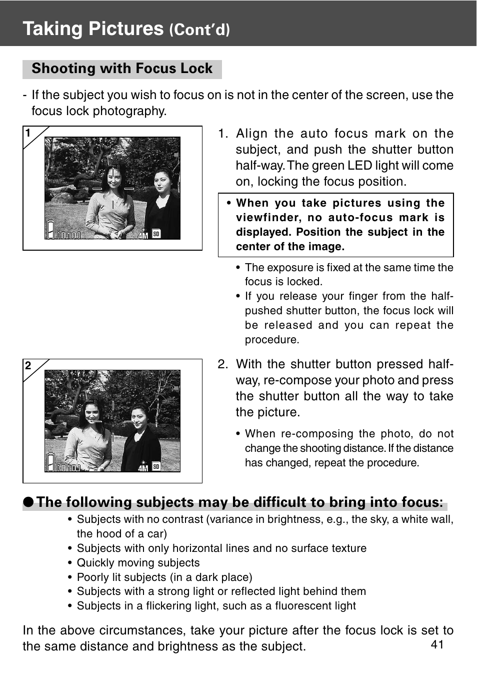 Shooting with focus lock, Taking pictures, Cont’d) | Konica Minolta REVIO KD-420Z User Manual | Page 41 / 141