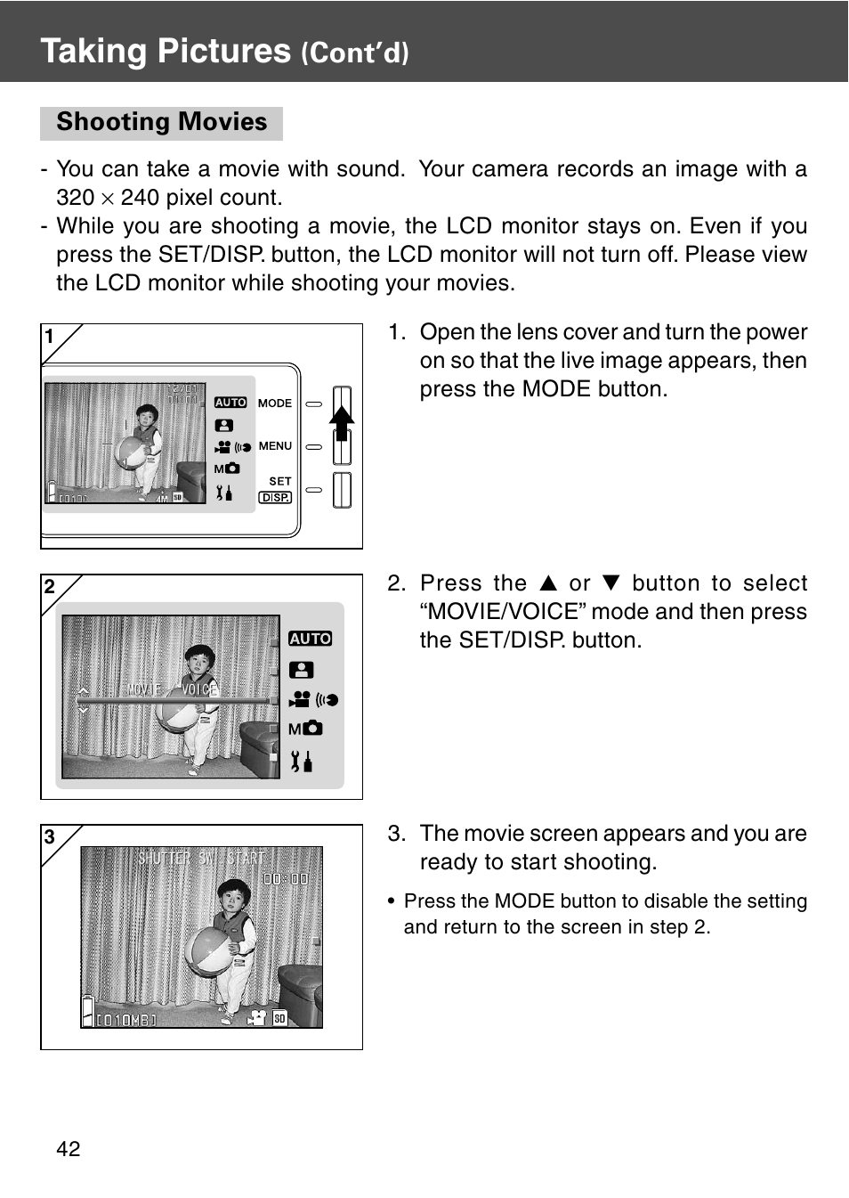 Shooting movies, Taking pictures, Cont’d) | Konica Minolta REVIO KD-420Z User Manual | Page 42 / 141