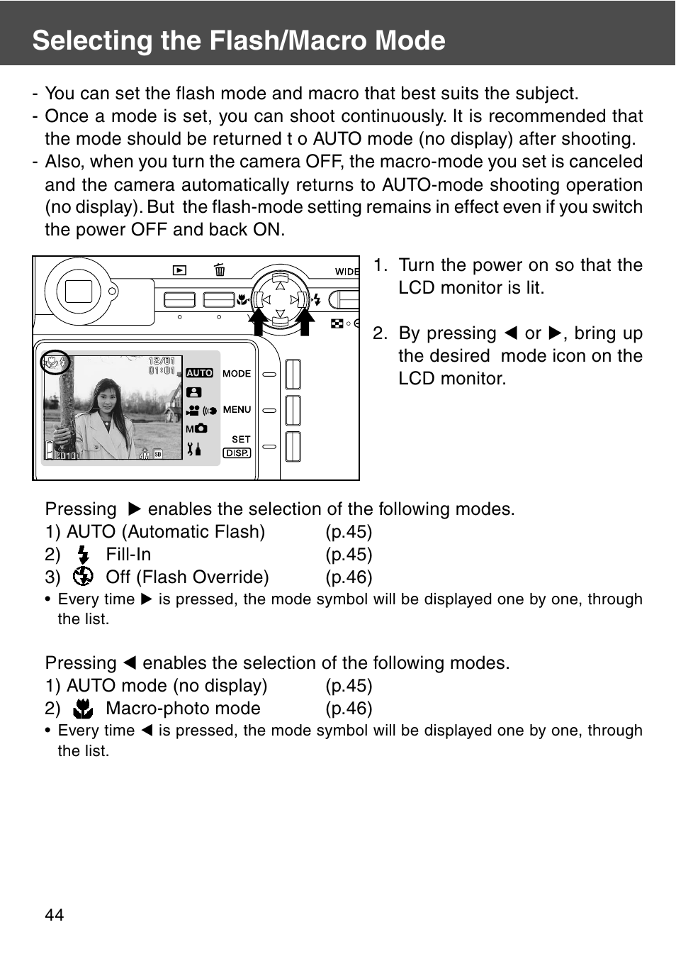 Selecting the flash/macro mode | Konica Minolta REVIO KD-420Z User Manual | Page 44 / 141