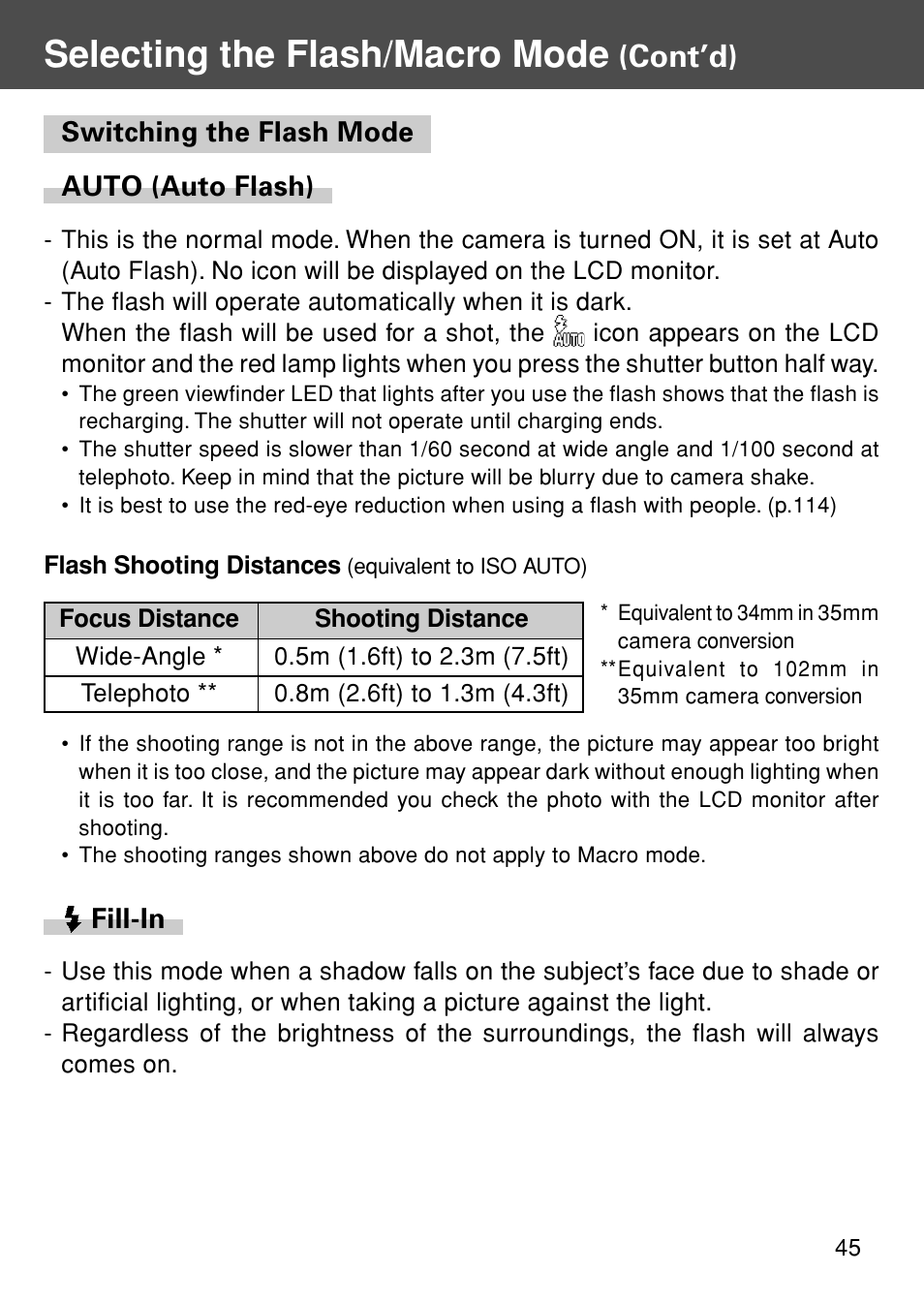 Auto (auto flash), Fill-in, Selecting the flash/macro mode | Cont’d) | Konica Minolta REVIO KD-420Z User Manual | Page 45 / 141