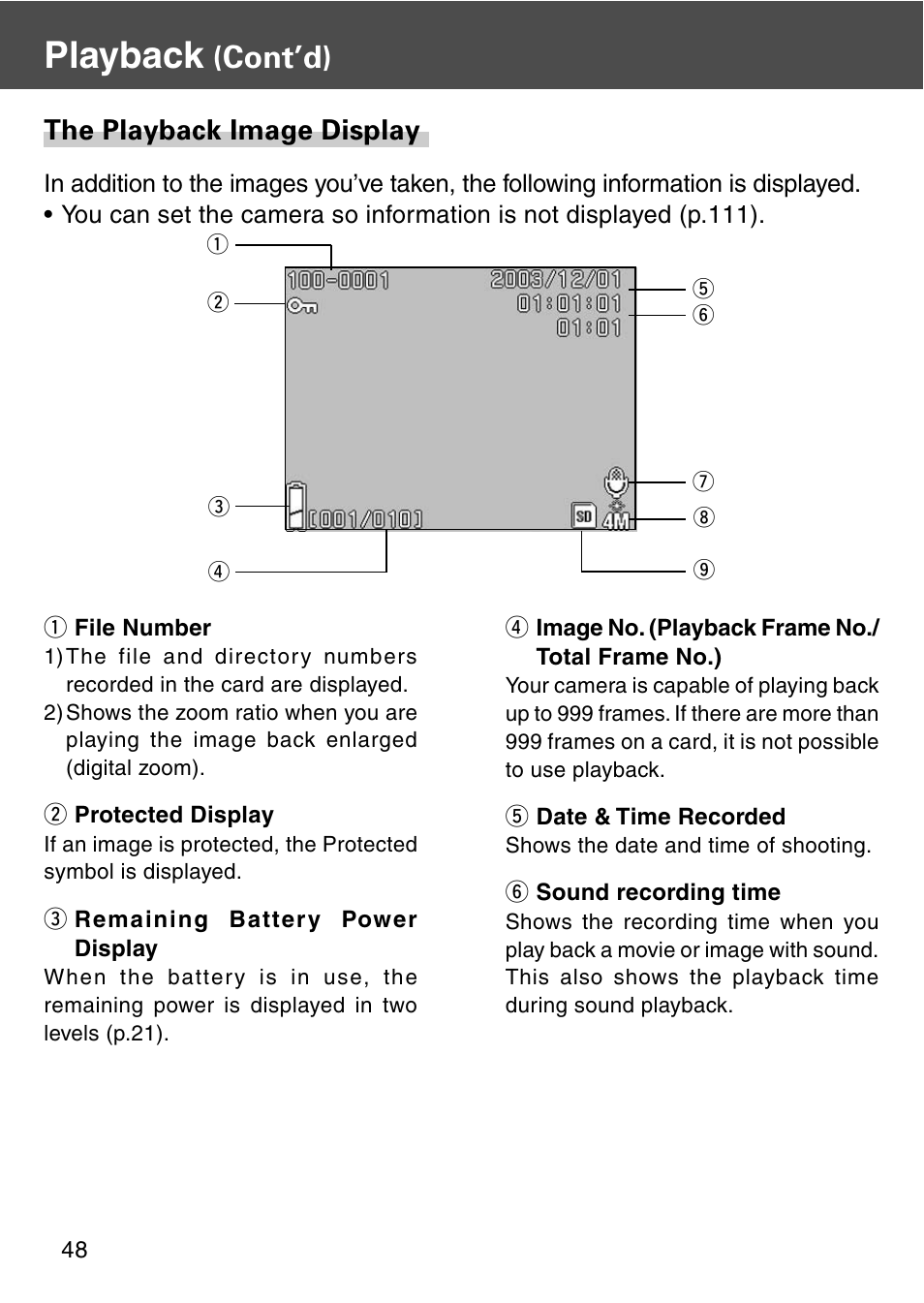 Playback, Cont’d), The playback image display | Konica Minolta REVIO KD-420Z User Manual | Page 48 / 141