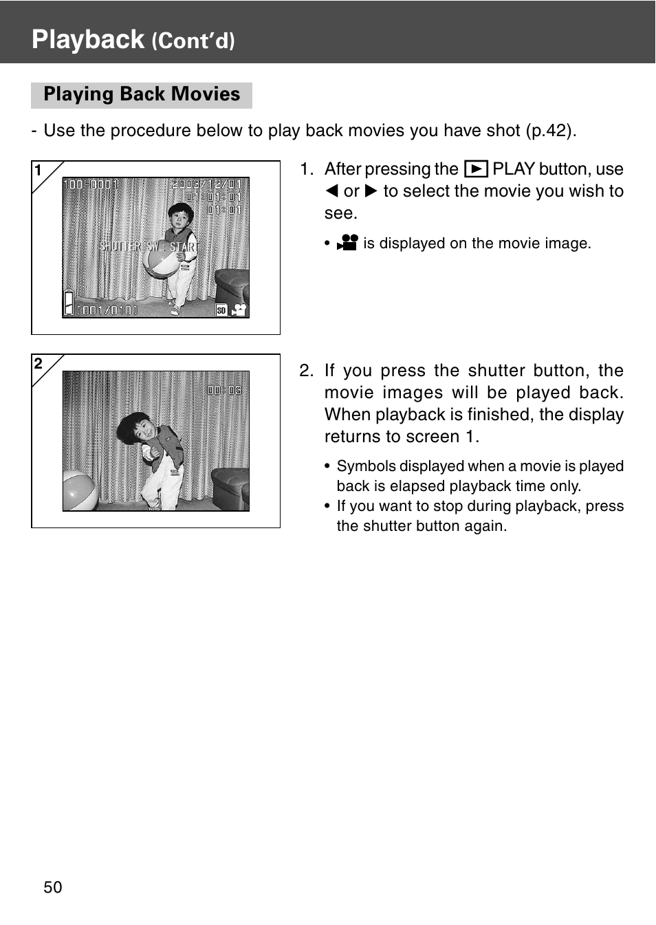 Playing back movies, Playback, Cont’d) | Konica Minolta REVIO KD-420Z User Manual | Page 50 / 141