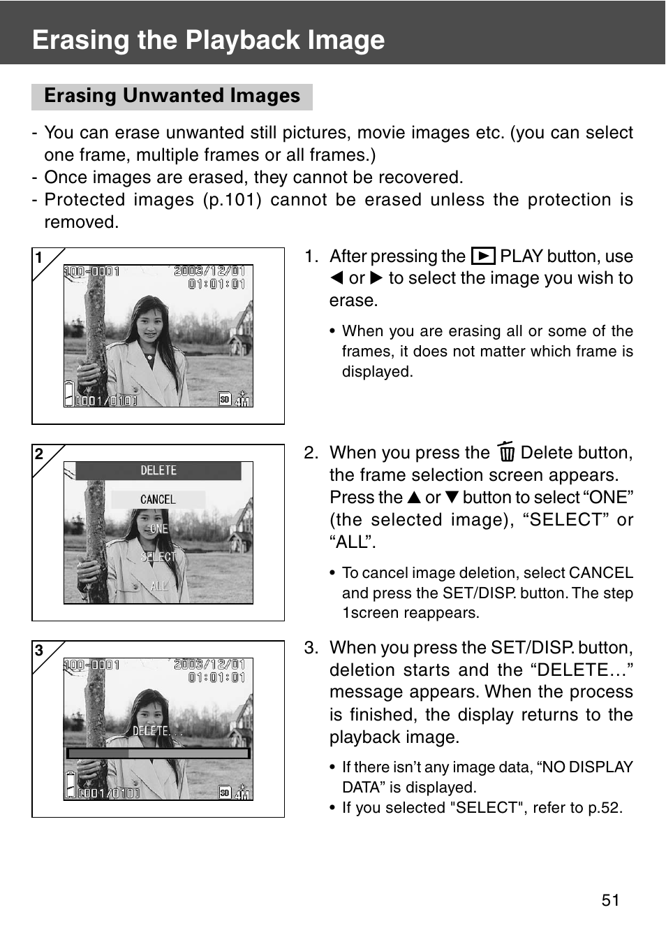 Erasing the playback image, Erasing unwanted images | Konica Minolta REVIO KD-420Z User Manual | Page 51 / 141