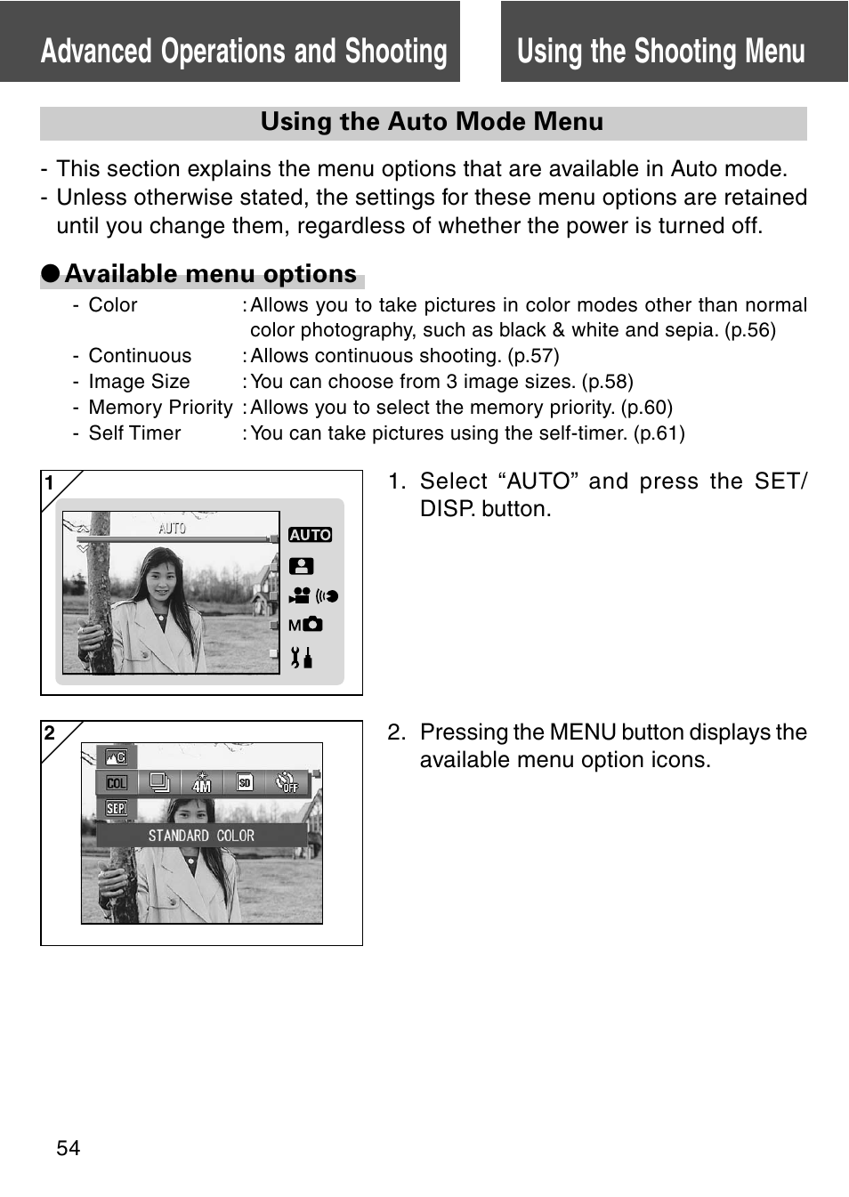Advanced operations and shooting, Using the shooting menu, Using the auto mode menu | Using the shooting menu using the auto mode menu | Konica Minolta REVIO KD-420Z User Manual | Page 54 / 141