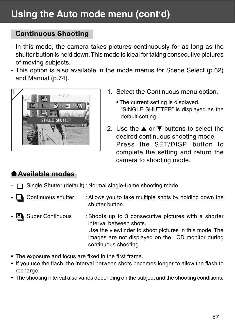 Continuous shooting, Using the auto mode menu (cont, Available modes | Konica Minolta REVIO KD-420Z User Manual | Page 57 / 141