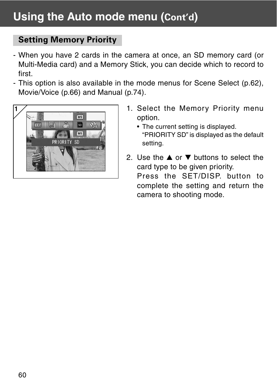 Setting memory priority, Using the auto mode menu, Cont’d | Konica Minolta REVIO KD-420Z User Manual | Page 60 / 141
